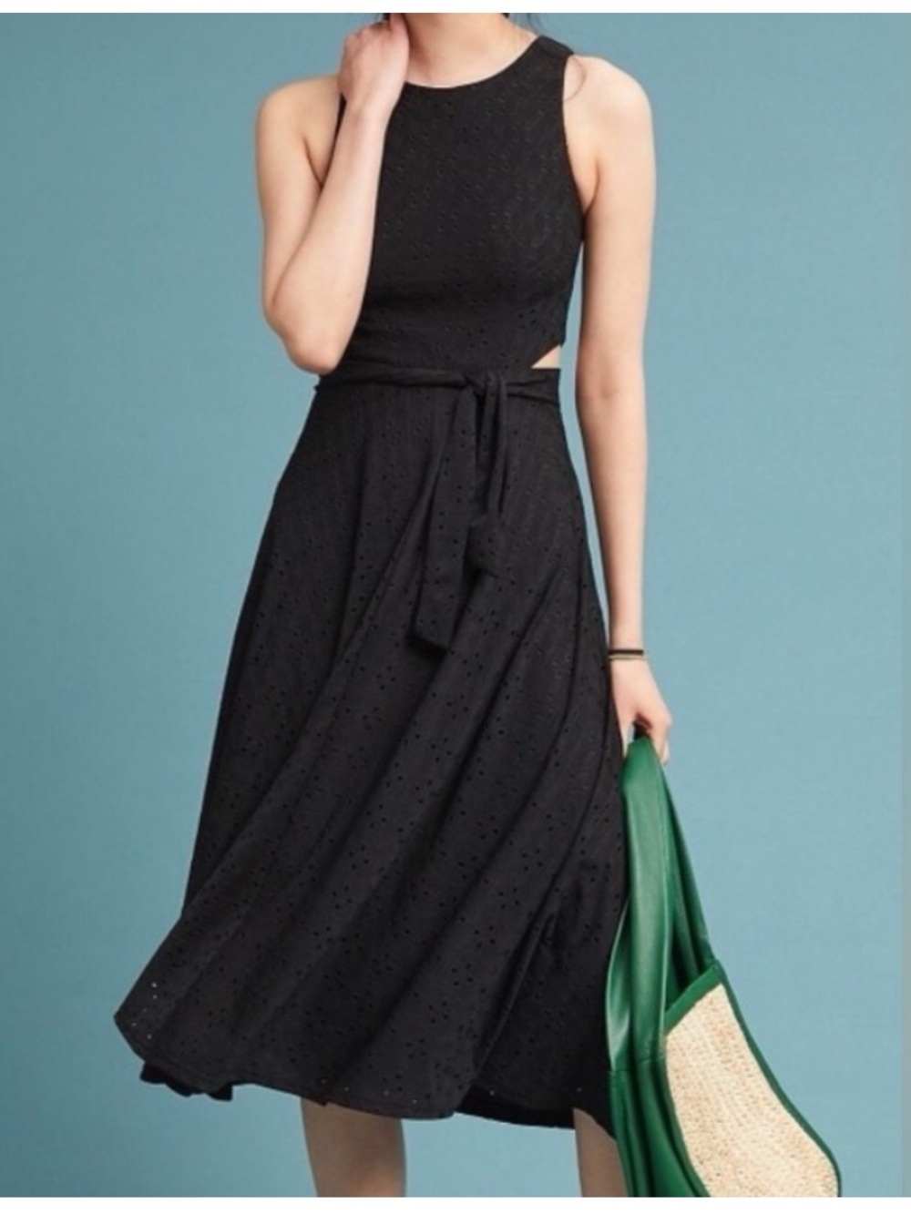 Anthropologie Hutch Black Eyelet Cutout Midi Dress Size L Petite